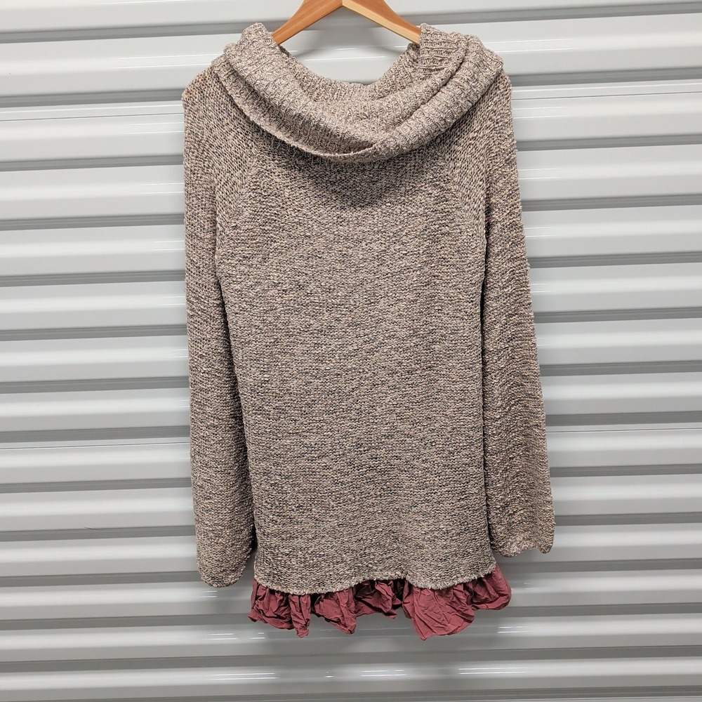 Easel Sweater S/M Womens Taupe Marled Cowl Neck Ruffle Hem Boho Oversized Knit